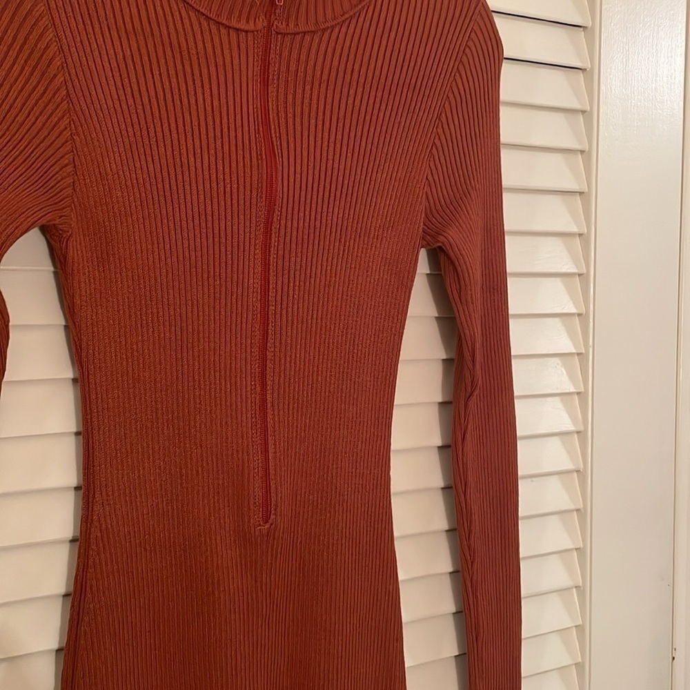 Knit RUST Fitted Zipper Ribbed Sweater Zip Front Onesie Jumpsuit - Picture 7 of 8